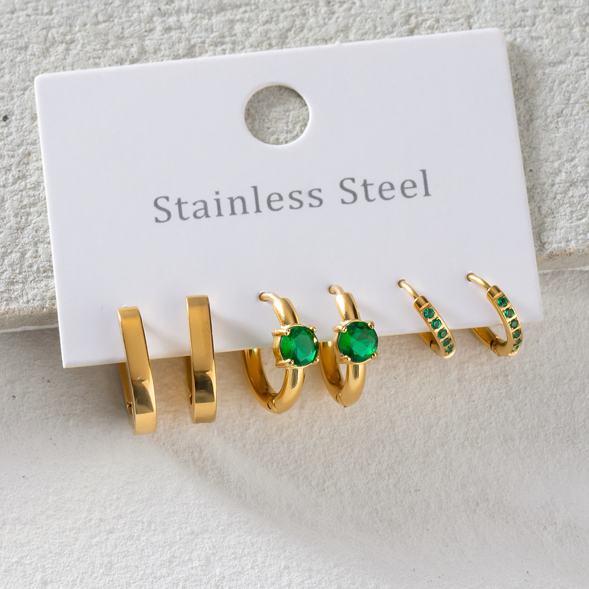 1 Piece Simple Casual Style Geometric Stainless Steel  Gold Color Inlay Green Zircon Women's Earrings Set h5 Picture5